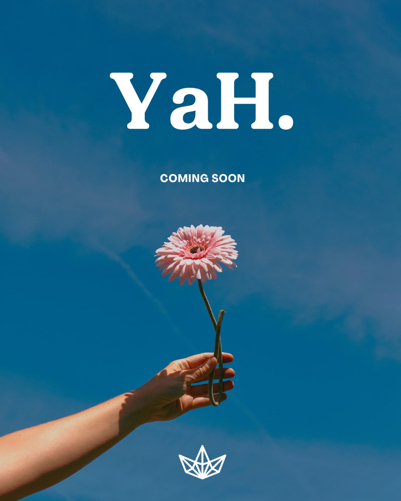 YaH Brands Coming Soon campaign featuring a hand holding a pink flower against a blue sky with the YaH crown mark