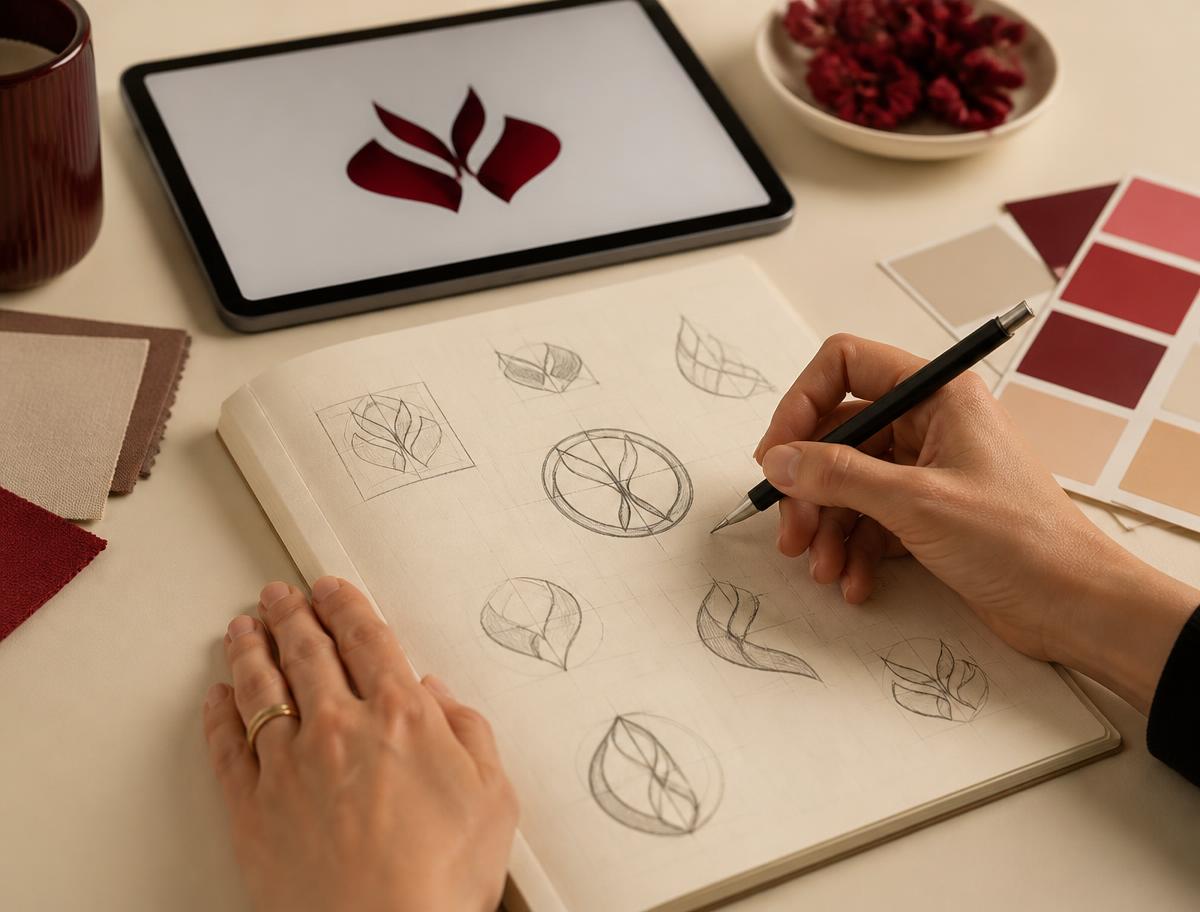 Brand identity kit with hand-drawn logo, color palette, and typography system