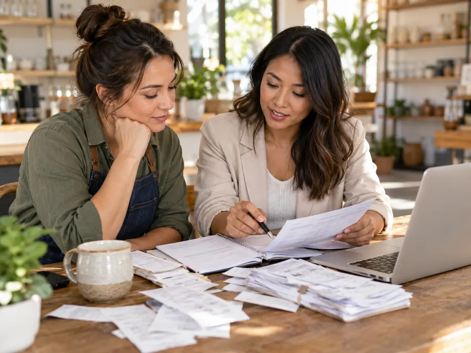 Business owner and bookkeeper reviewing a ledger at a desk