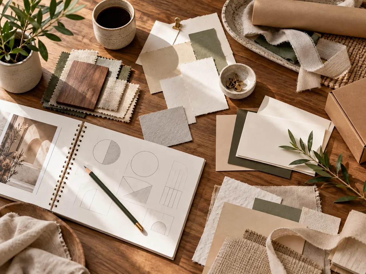 Brand identity materials and abstract sketches on a studio table