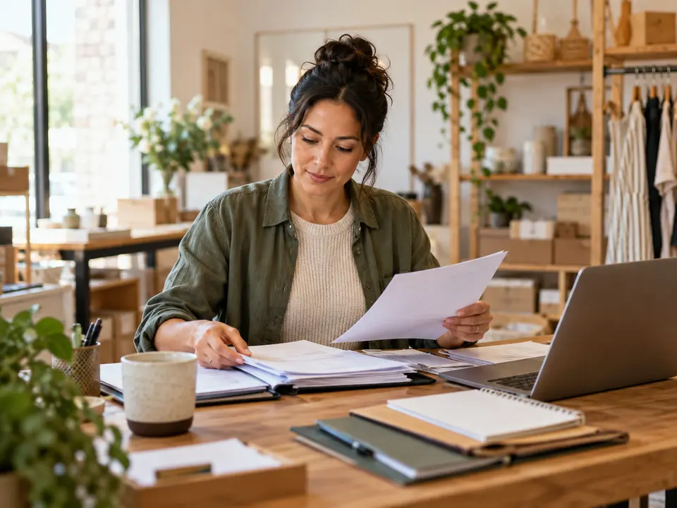 Independent owner organizing business banking documents