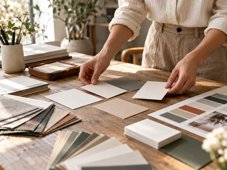 Designer arranging blank business card paper samples