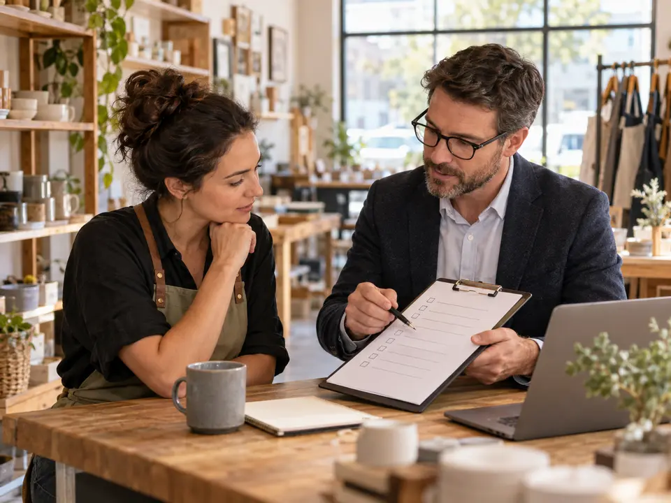 Workshop owner reviewing business risks with an adviser