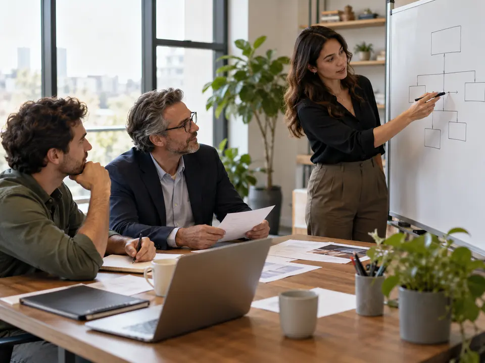 Business owners and adviser reviewing entity paperwork in an office