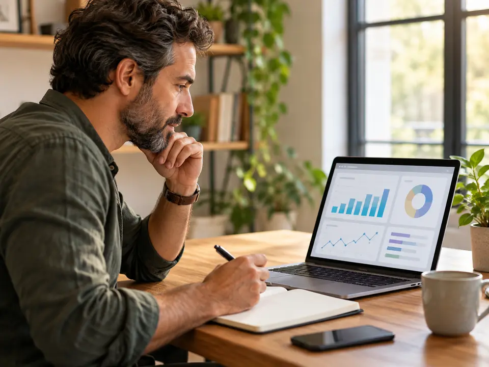 Business owner reviewing an abstract profile dashboard and notes