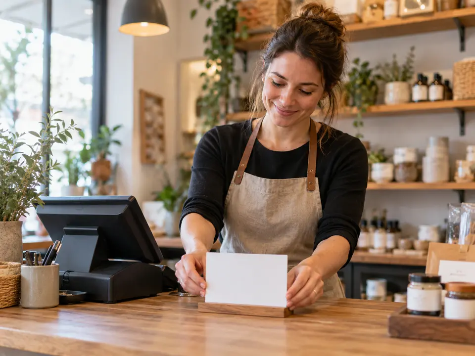 Unbranded review link card at a small shop checkout