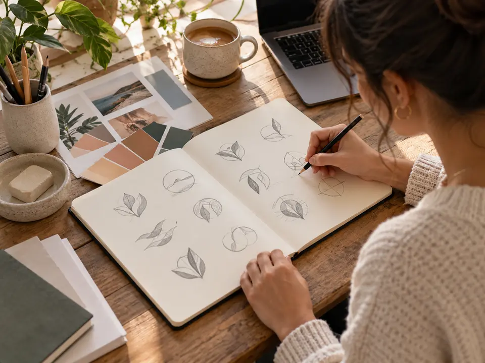 Designer sketching original abstract logo concepts with color swatches