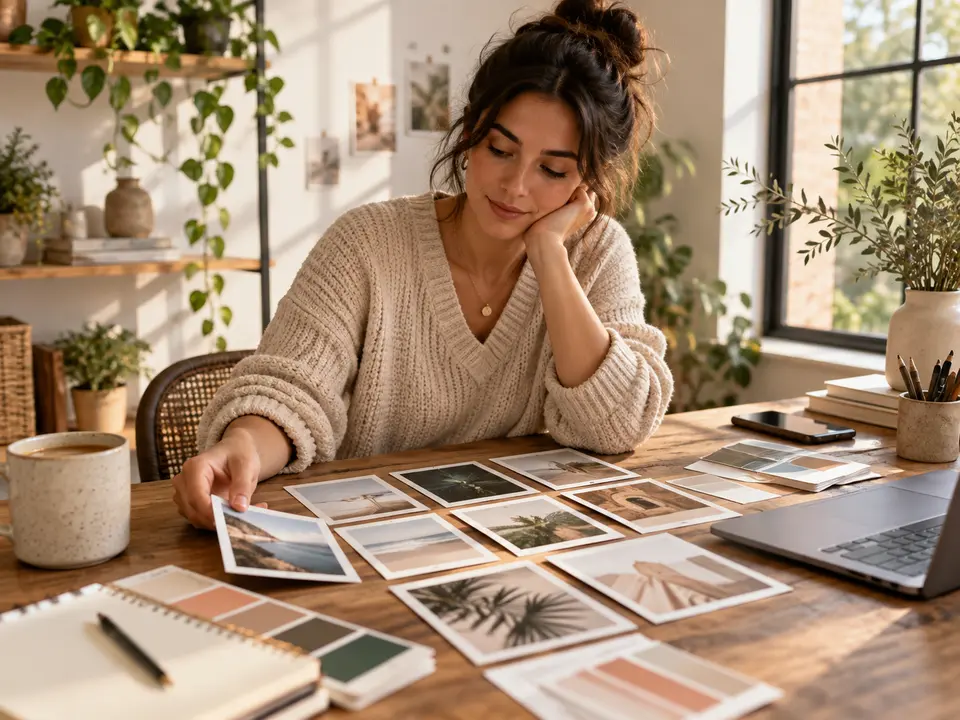 Creator planning social content with unbranded photo thumbnails