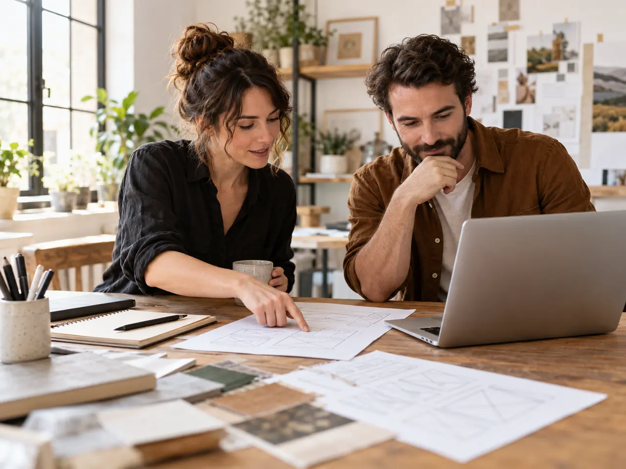 Two business owners planning a website layout together